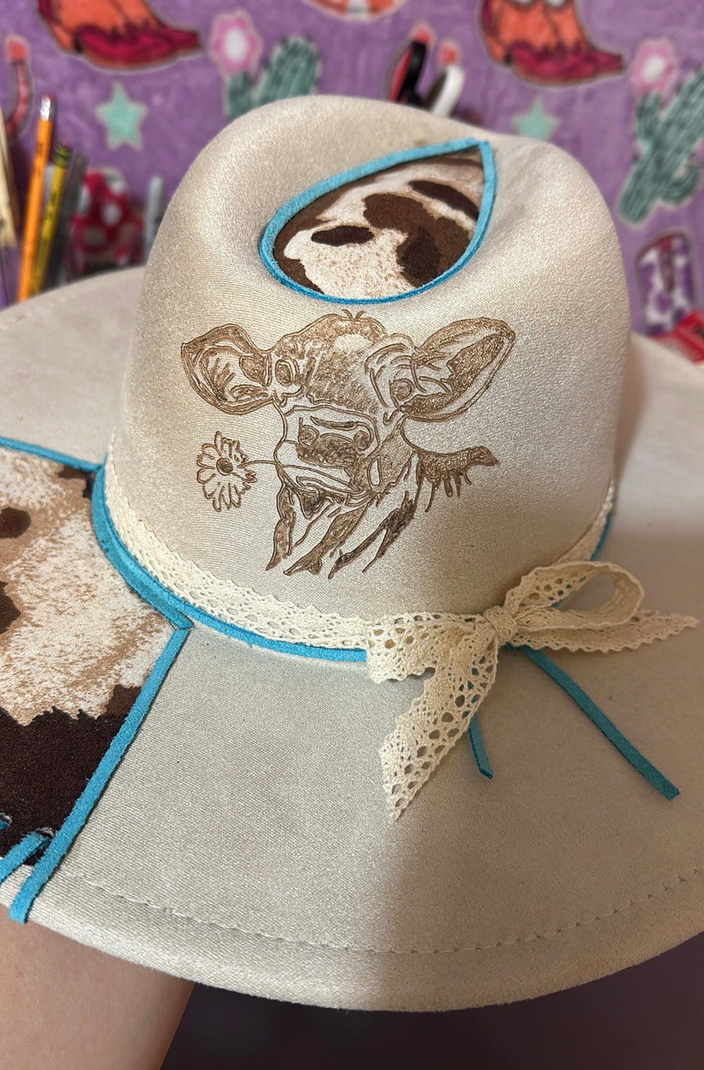 White Cowgirl Hat Cow Hand Burning